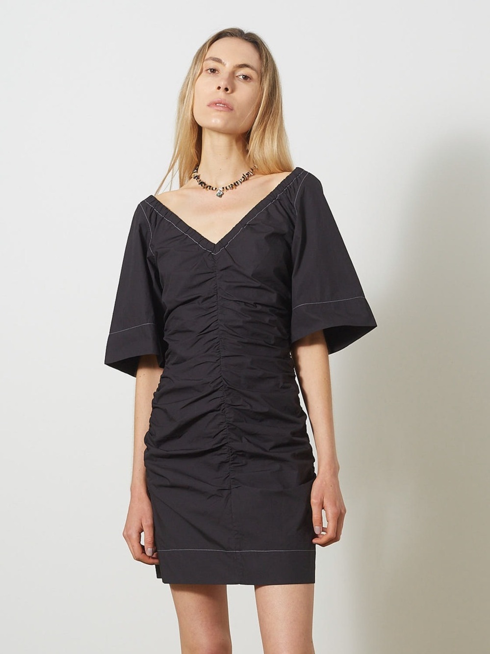 GANNI Poplin Front-Ruched V-Neck Mini Dress